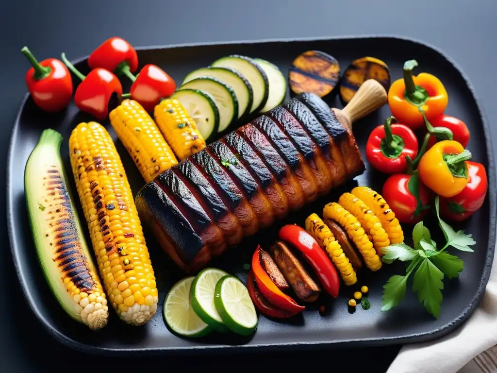 Un festín vegano colorido y vibrante de parrillada Latina con chorizo, hongos, elote y vegetales a la parrilla