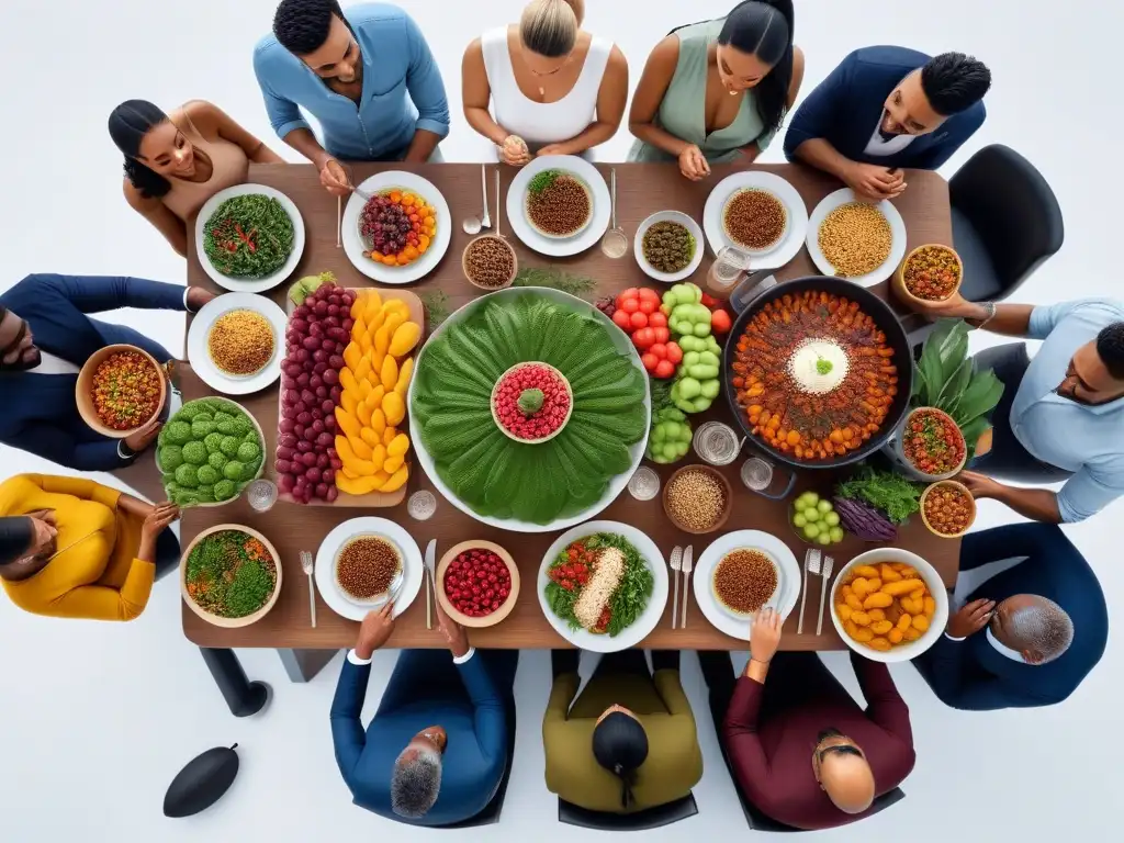 Un festín vegano compartido por diversas edades y etnias en un comedor moderno