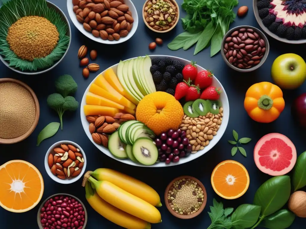 Un festín vegano: una composición vibrante y detallada de alimentos vegetales frescos y coloridos