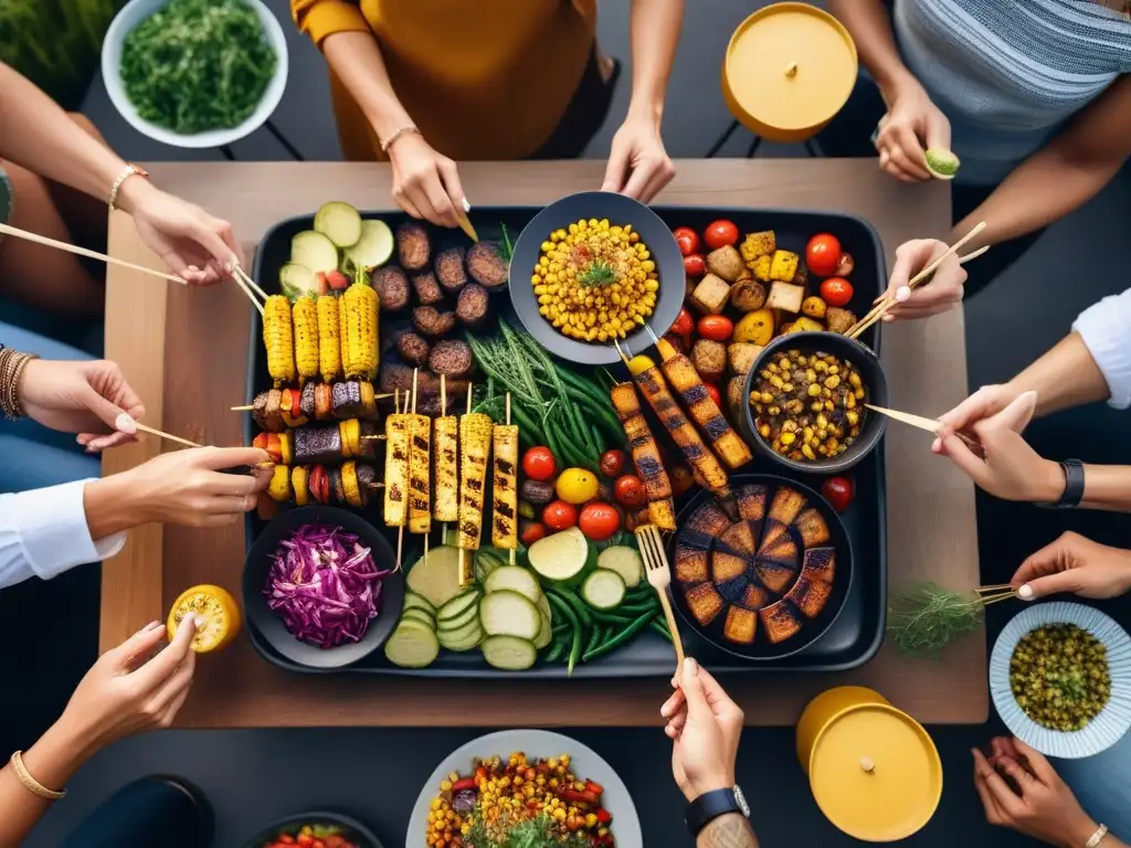 Un festín vegano en comunidad: mesa colorida con vegetales a la parrilla, brochetas de tofu y elote