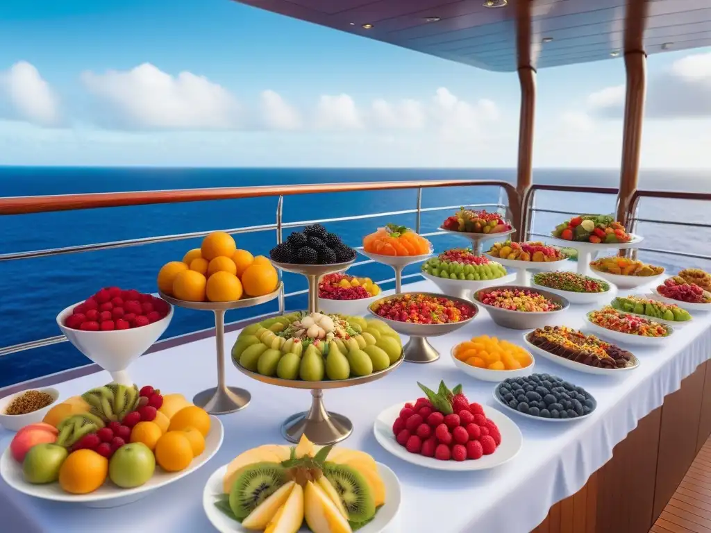 Un festín vegano en crucero de lujo con buffet de frutas, ensaladas, platos y postres