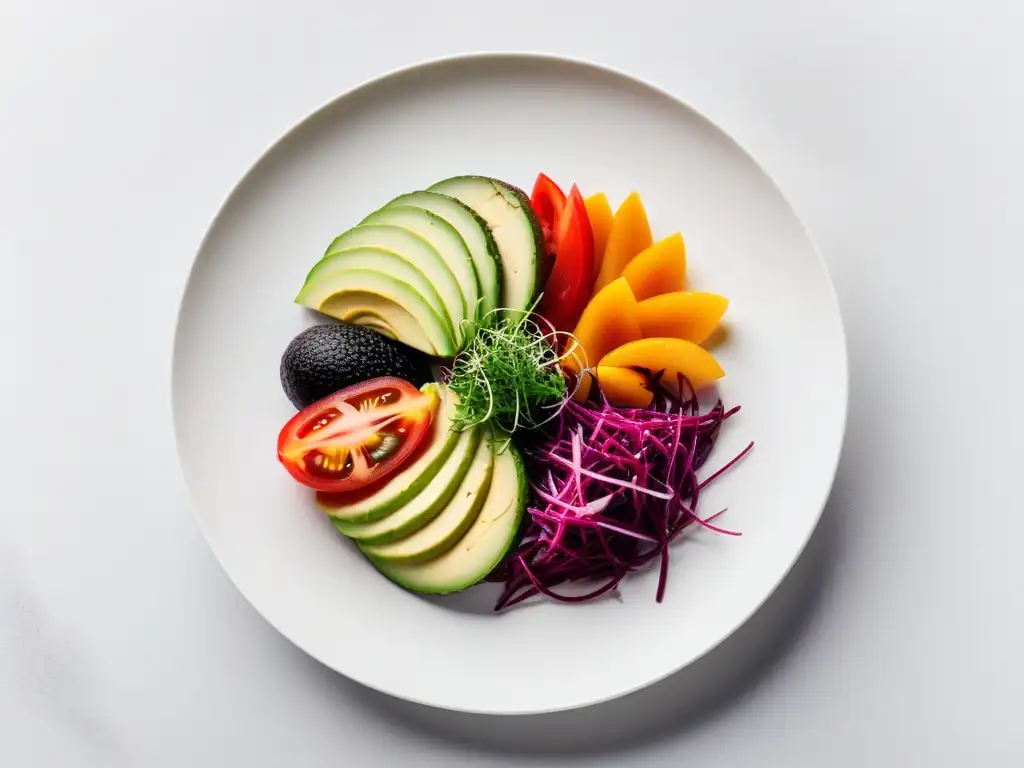 Un festín vegano crudo con ingredientes frescos y coloridos en un plato blanco minimalista