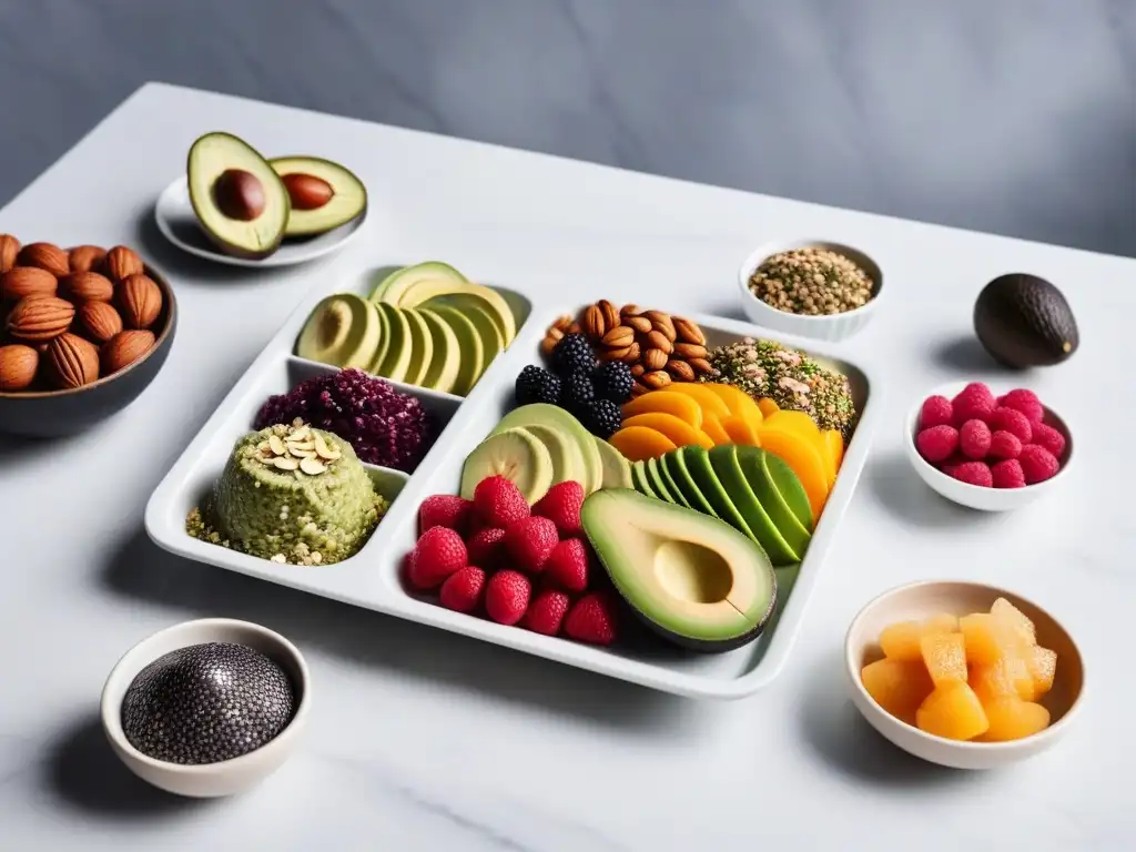 Un festín vegano crudo saludable, con colores y texturas vibrantes, sobre una mesa de mármol blanco