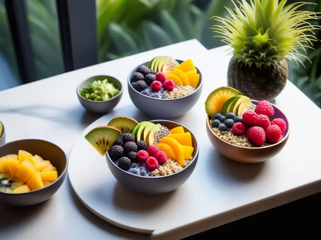 Un festín vegano de desayuno: acai bowls, chía pudding, tostadas de aguacate y frutas tropicales