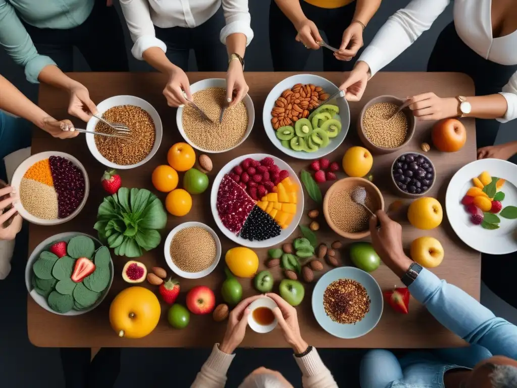 Un festín vegano: diversidad, salud y vitalidad en una mesa repleta de alimentos coloridos