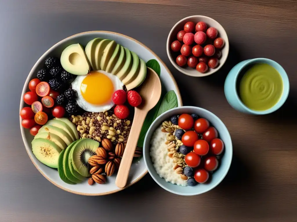 Un festín vegano energético y delicioso en una mesa moderna y colorida