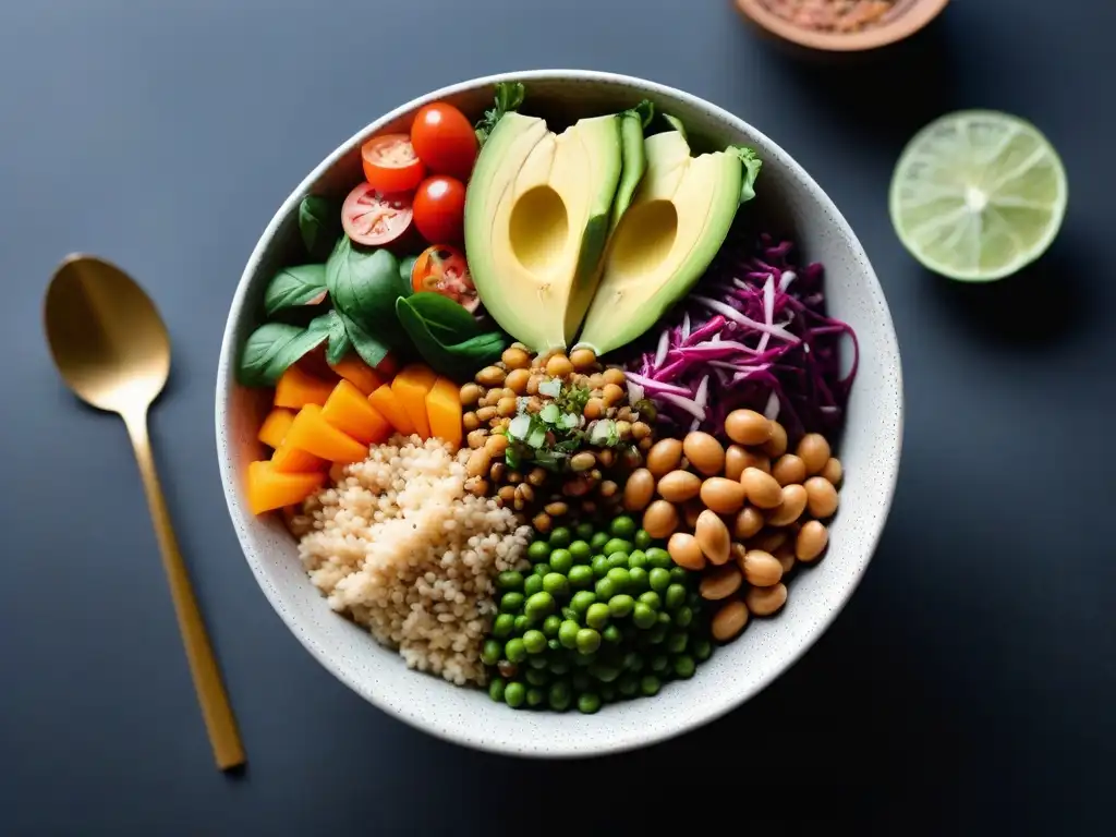 Un festín vegano equilibrado de colores vibrantes y nutrientes variados