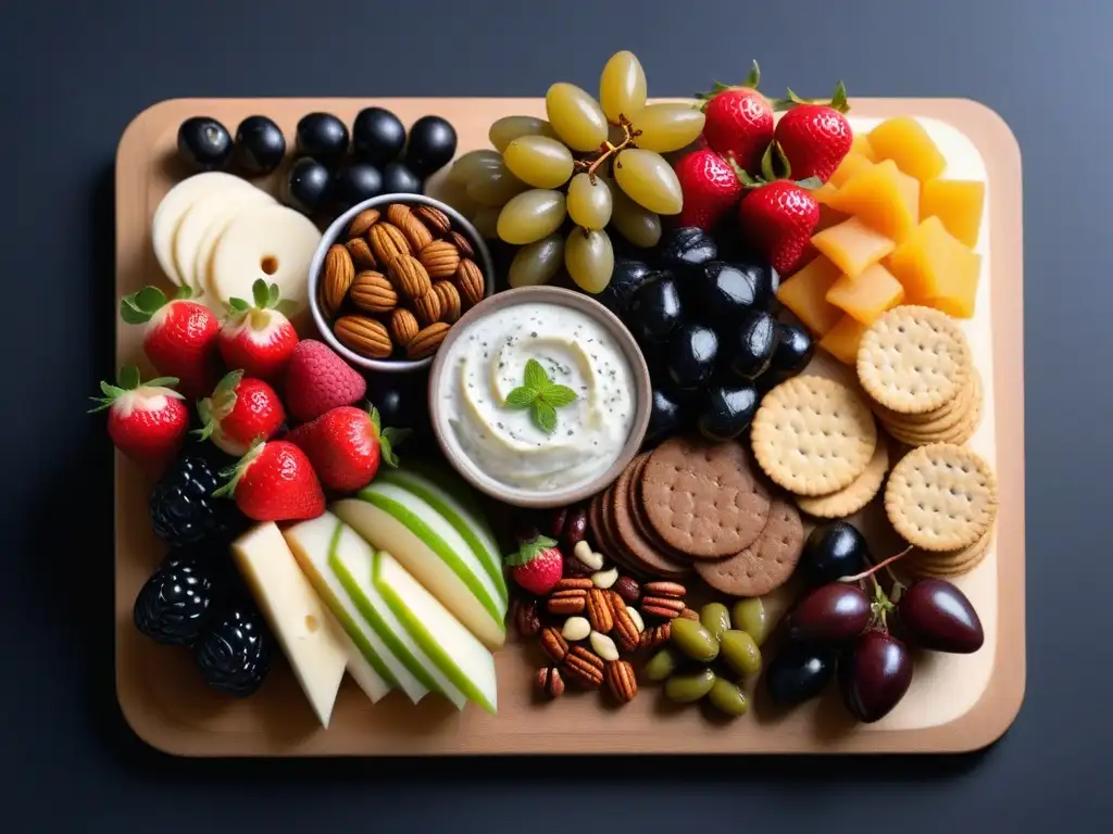 Un festín vegano equilibrado de dulces y salados en una tabla colorida y elegante