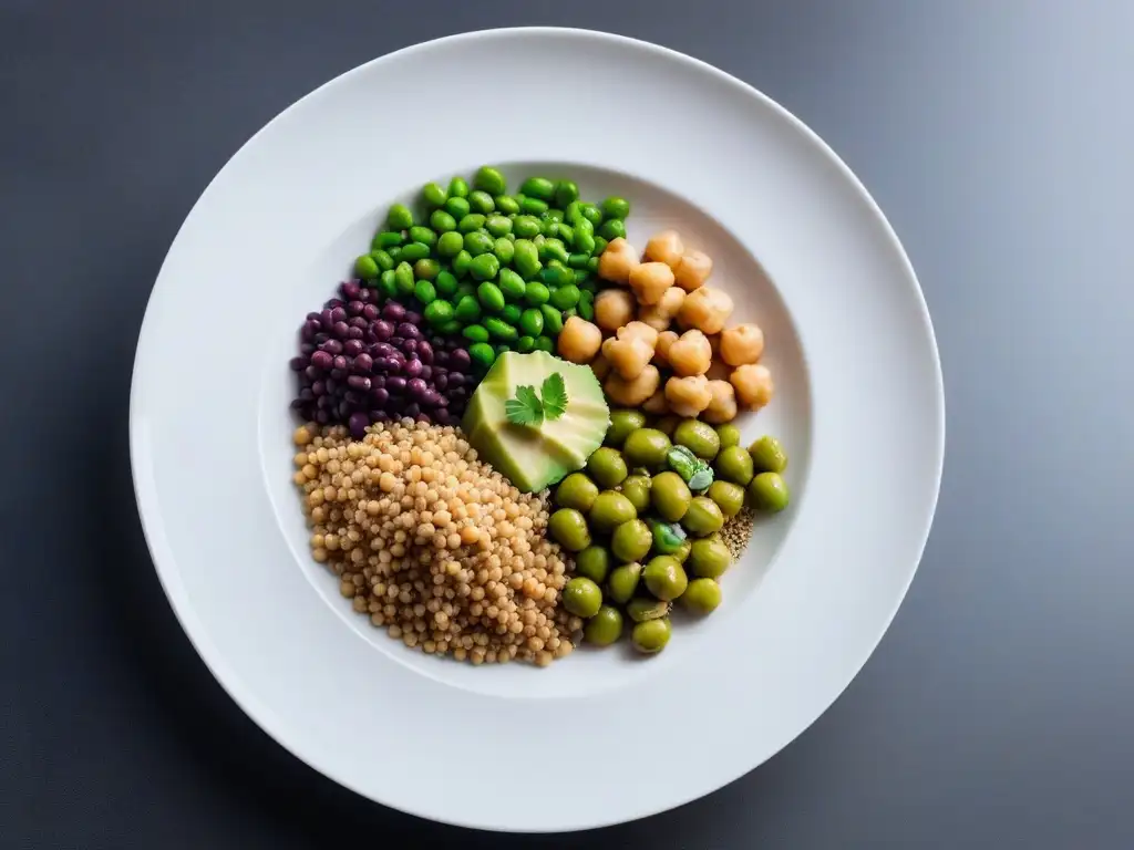 Un festín vegano equilibrado de proteínas: quinoa, garbanzos, edamame, tofu, lentejas y chía, adornados con hierbas frescas