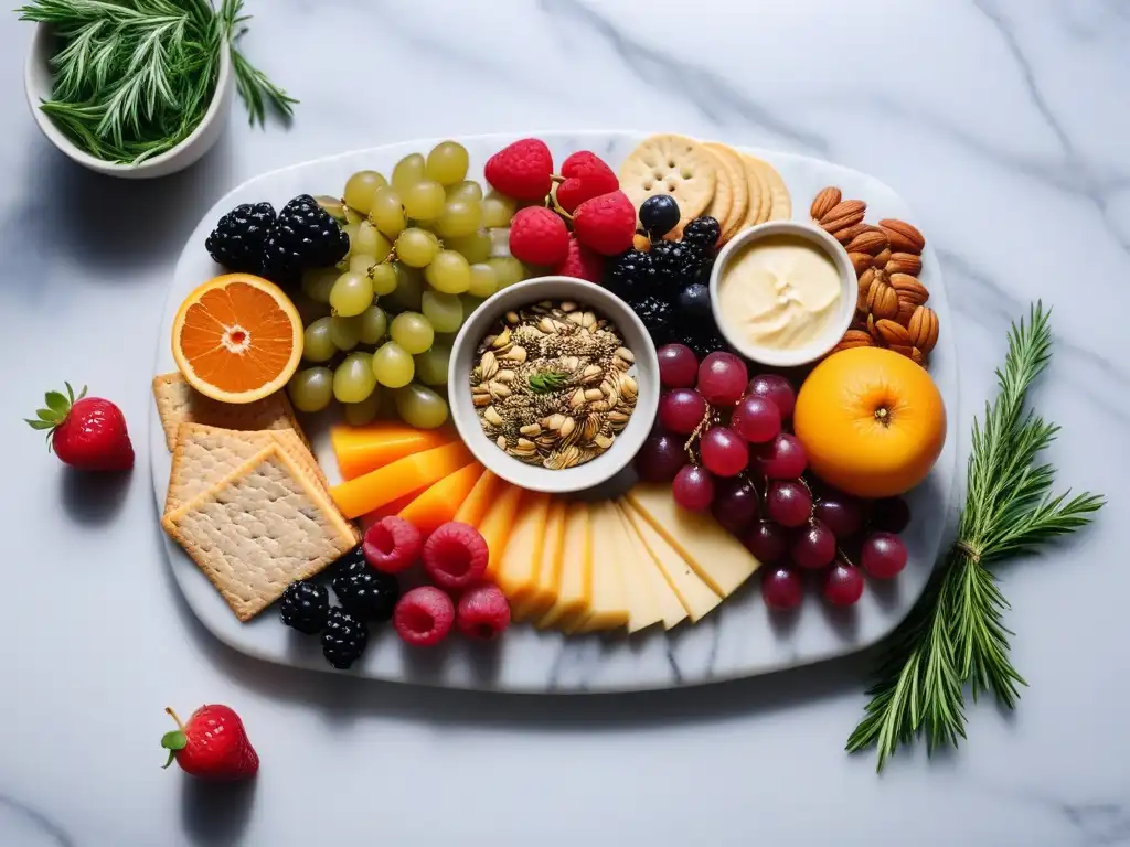 Un festín vegano estacional con meriendas veganas por estación, en una tabla de mármol