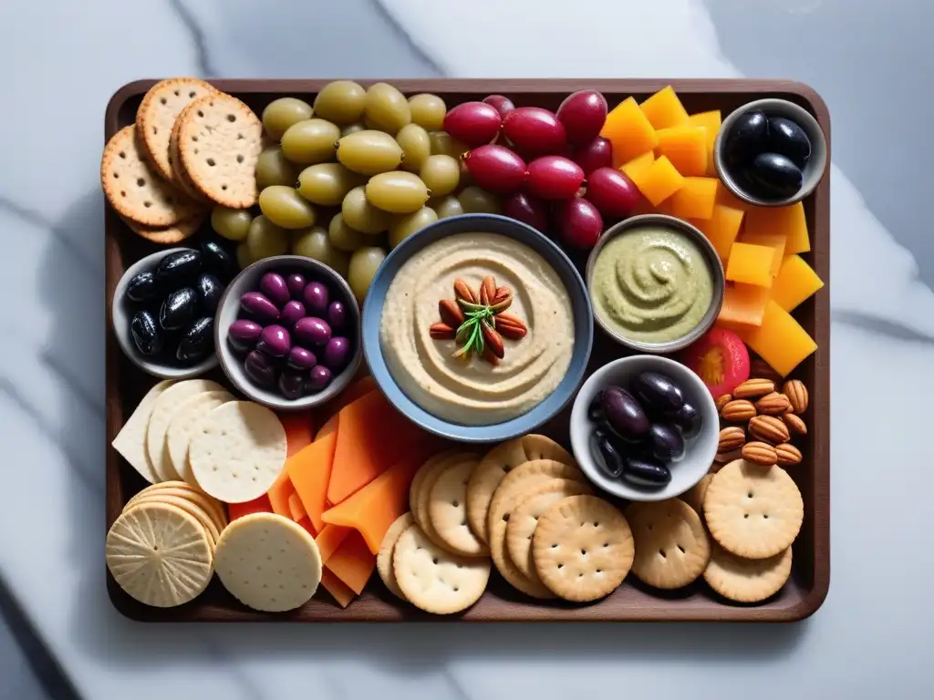 Un festín vegano exquisito y colorido para no veganos: snacks veganos para no veganos, irresistible variedad en una tabla de mármol