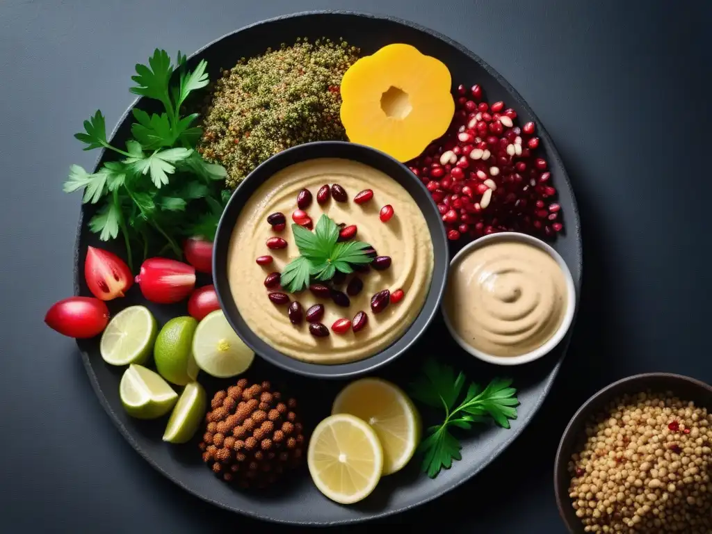 Un festín vegano exquisito del Medio Oriente: hummus, baba ganoush, tabbouleh y falafel