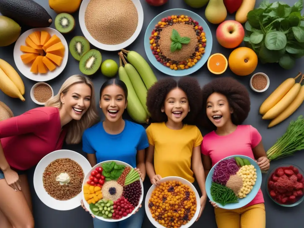 Un festín vegano: niños felices y saludables de diversas edades y etnias disfrutan de una comida equilibrada