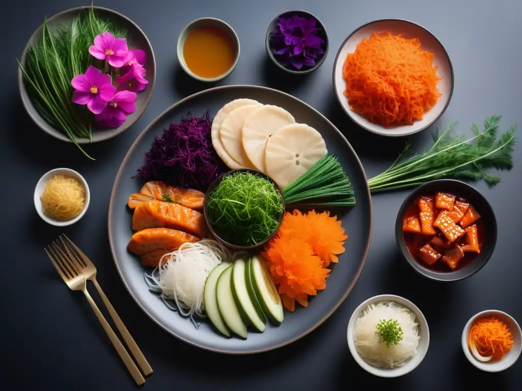 Deliciosas fermentaciones veganas: kimchi, chucrut y kombucha Un festín vegano fermentado sin aceite, lleno de color y sabor, destacando la creatividad culinaria y la fermentación en cocina vegana sin aceite