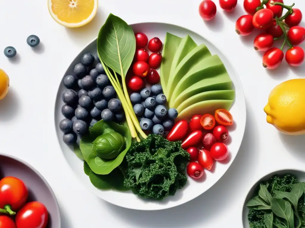 Un festín vegano de frutas y verduras antioxidantes en un fondo blanco minimalista