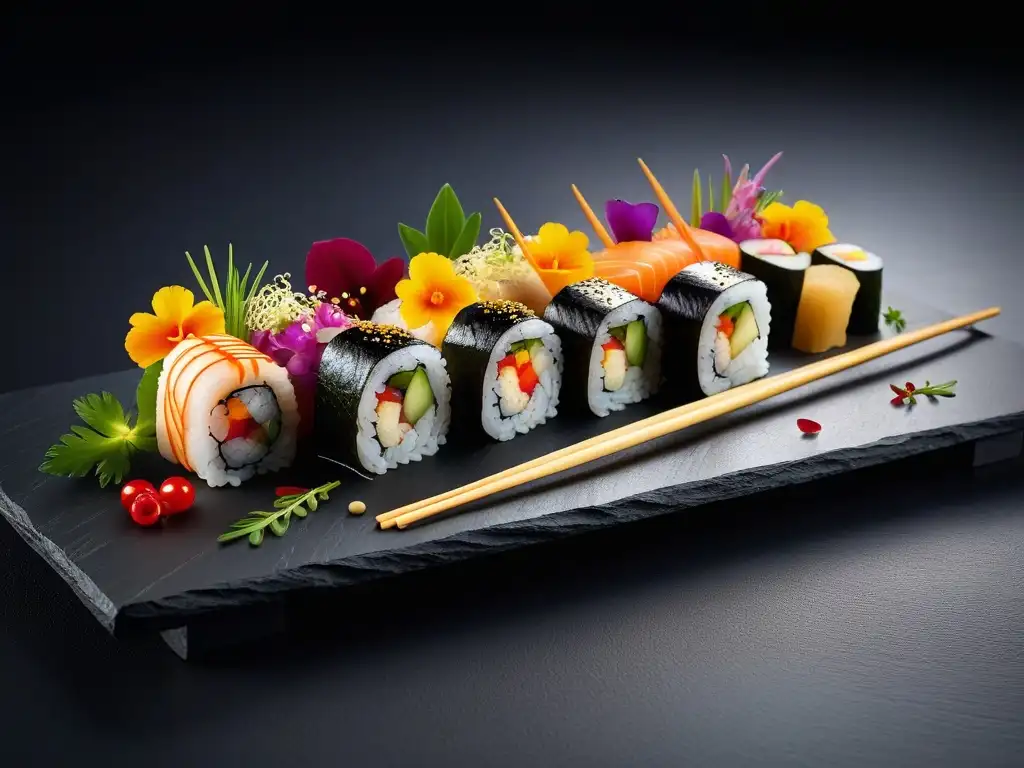 Un festín vegano fusionado con recetas internacionales: sushi vegano colorido y elegante en una tabla negra moderna