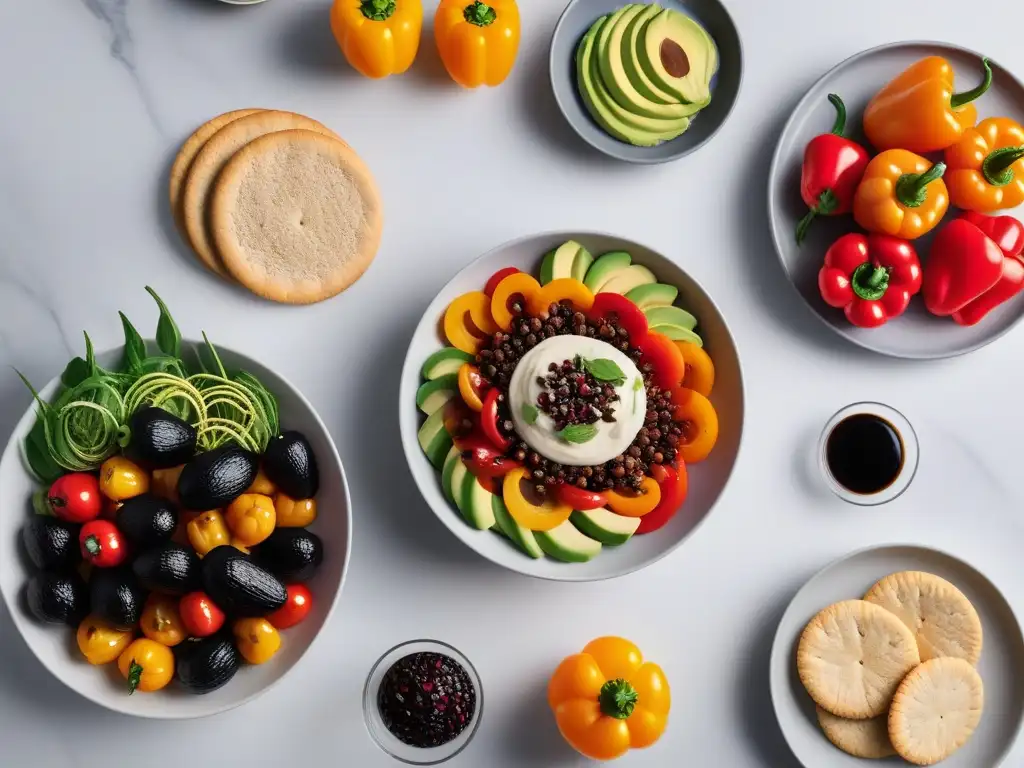 Delicioso banquete vegano en mármol blanco Un festín vegano gourmet para almuerzos, con bell peppers rellenos de quinoa, ensaladas de aguacate y verduras asadas