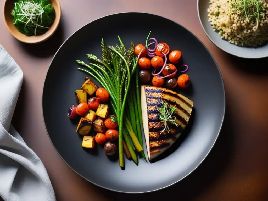 Un festín vegano gourmet con verduras asadas, proteína vegetal a la parrilla y salsa, en un plato moderno