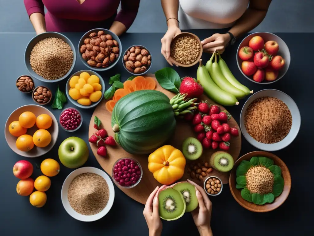 Un festín vegano: grupo diverso sonriendo alrededor de mesa llena de alimentos saludables y coloridos