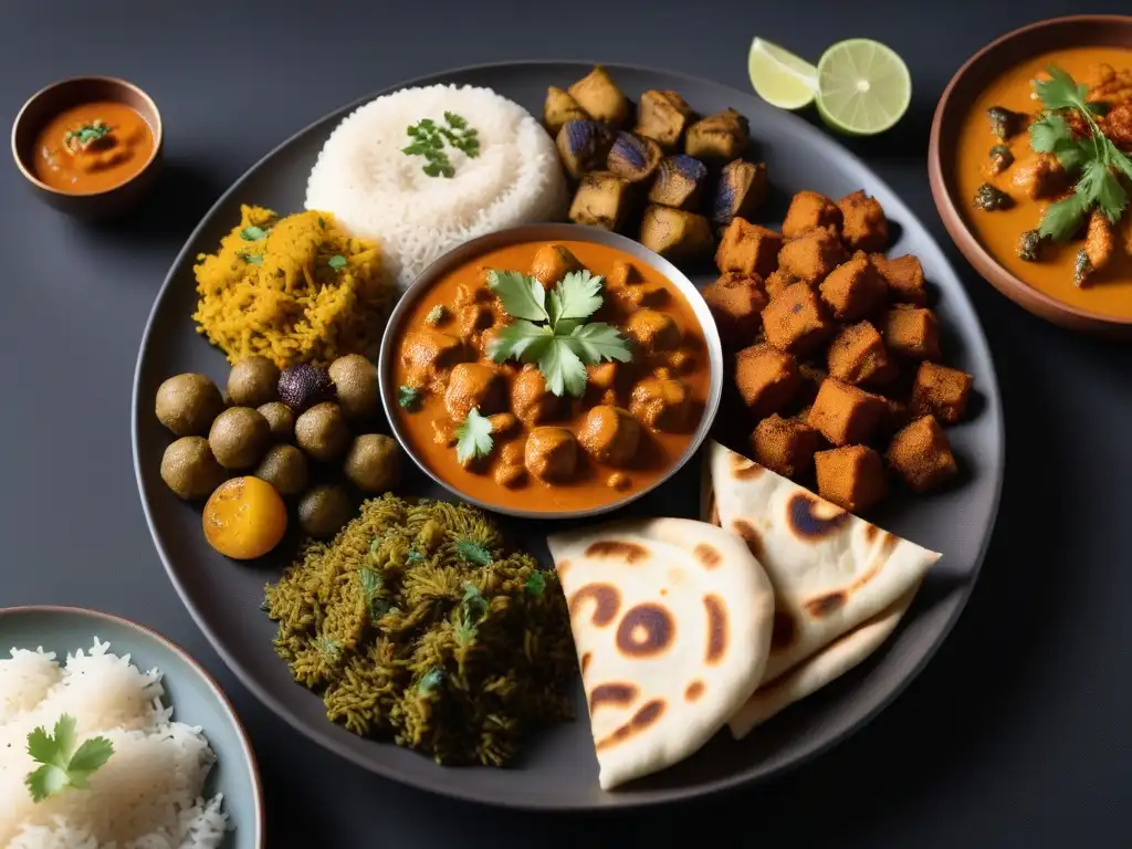 Un festín vegano indio vibrante y colorido con curries, arroz y pan naan, ideal para principiantes en cocina vegana india