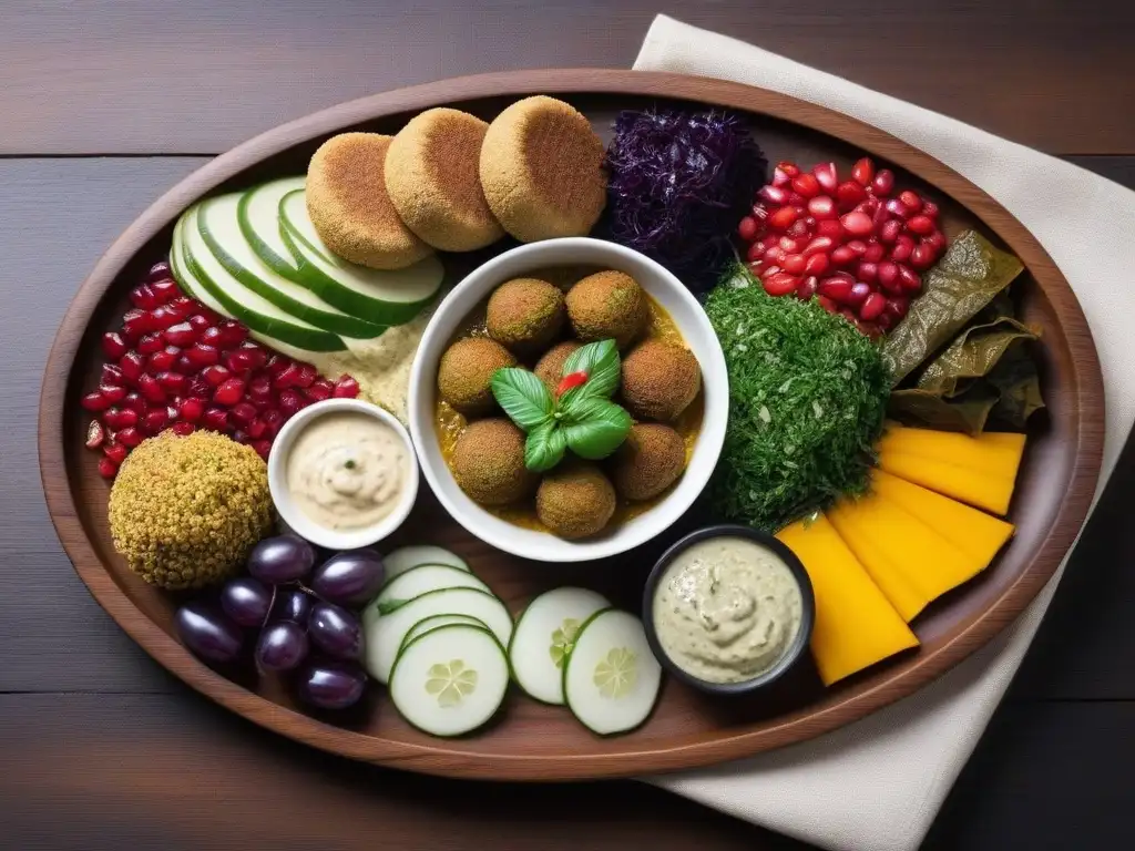 Un festín vegano con ingredientes mágicos Medio Oriente: falafel, hummus, tabbouleh y hojas de parra rellenas en una presentación vibrante y apetitosa