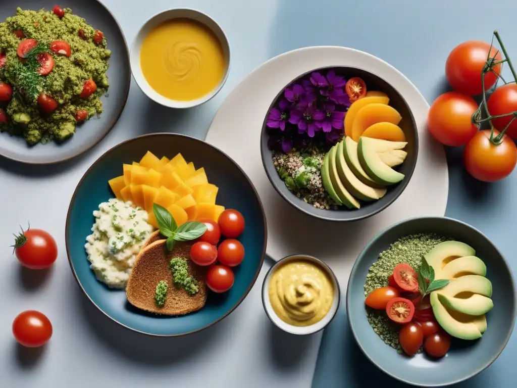 Un festín vegano internacional con deliciosos desayunos en una mesa bellamente decorada