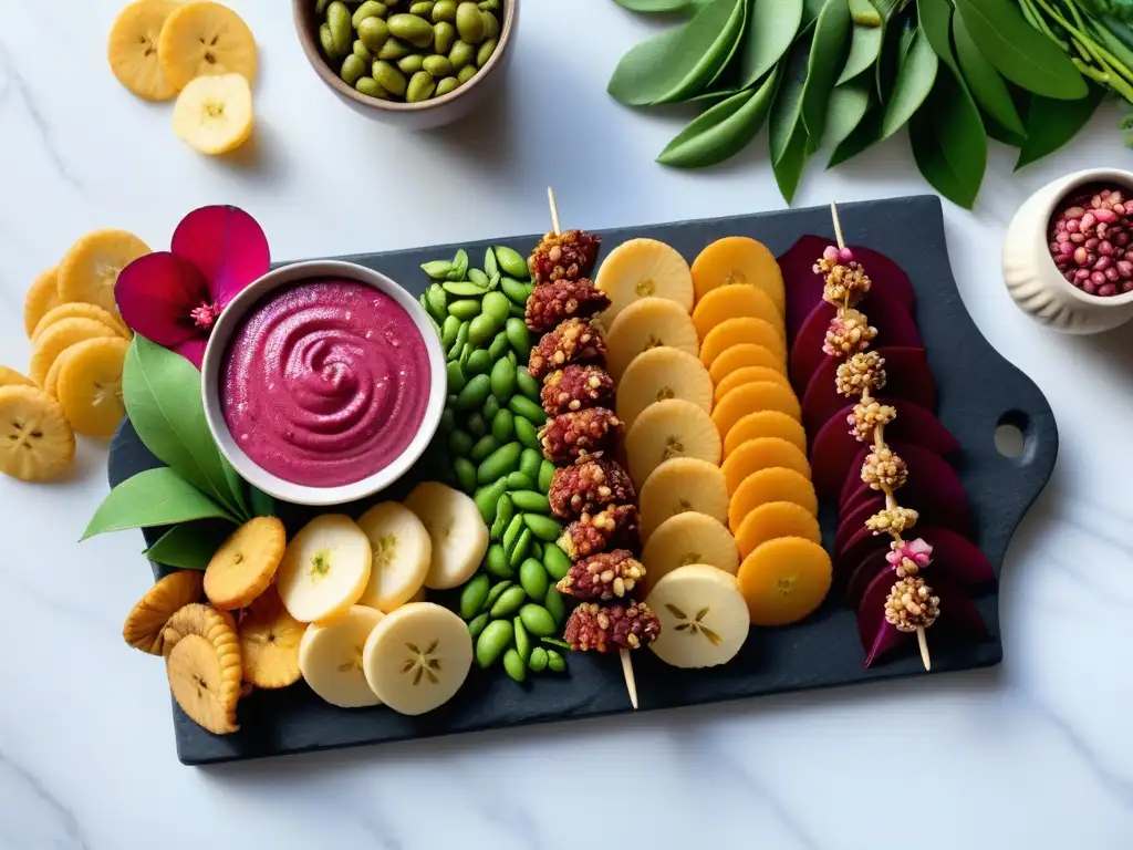 Un festín vegano internacional y vibrante con snacks veganos originales y deliciosos en un elegante plato de mármol