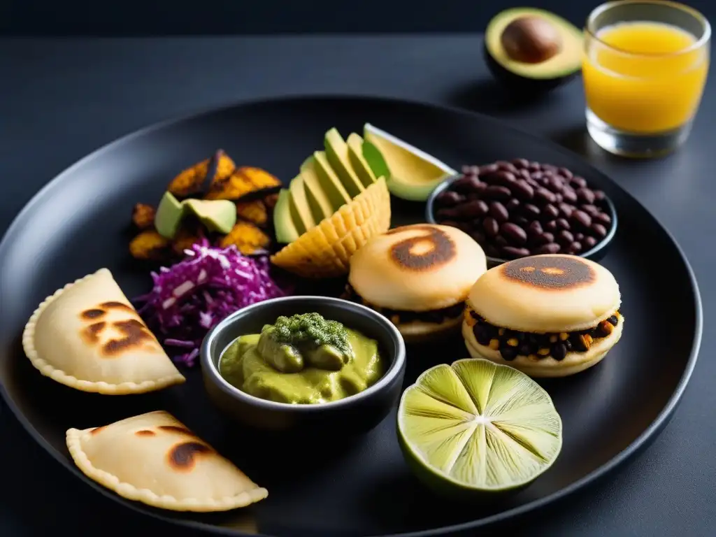 Un festín vegano latinoamericano con mini arepas, empanadas, yuca frita y plátano, en una elegante vajilla negra