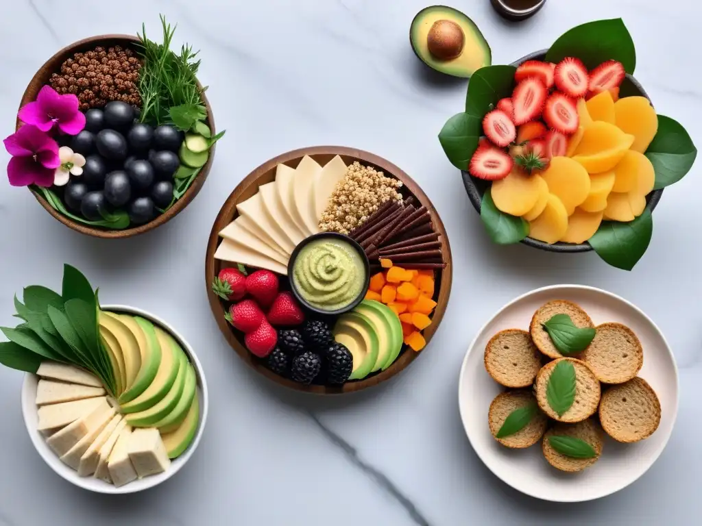 Un festín vegano lleno de color con snacks veganos para picar en una tabla de madera