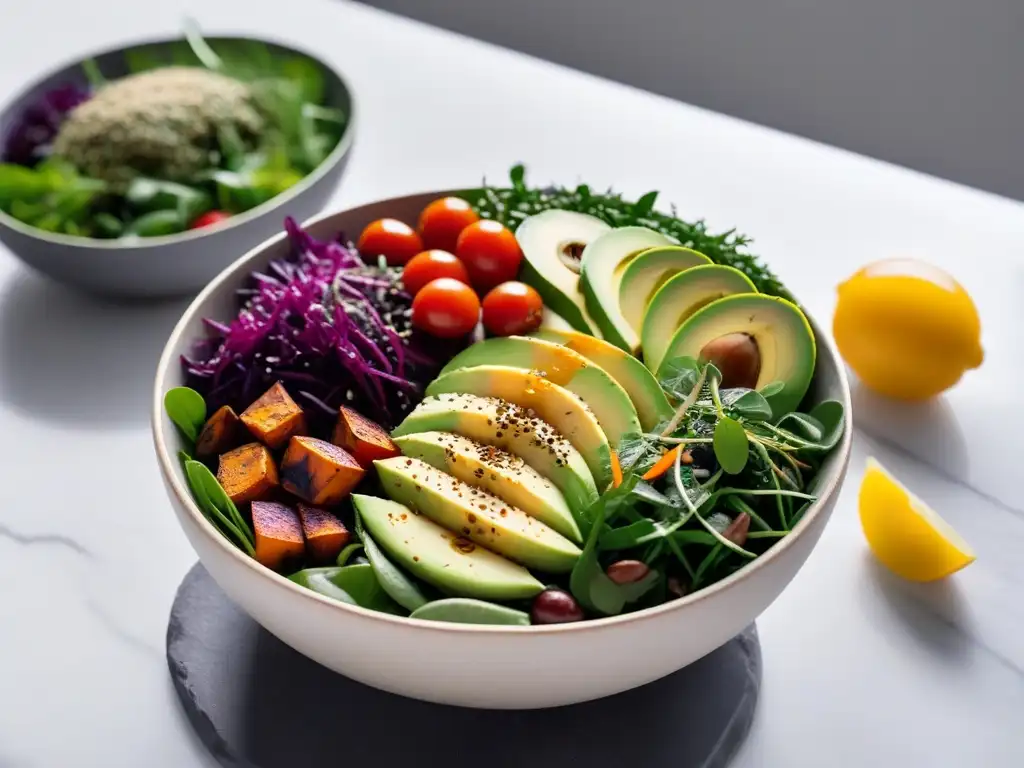 Un festín vegano lleno de color y frescura con un bowl de verduras variadas y aderezo de tahini