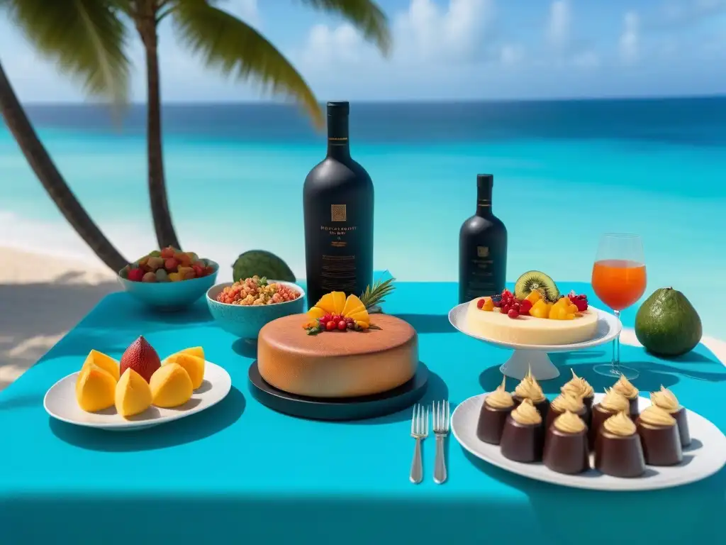 Un festín vegano de lujo en el Caribe: mesa decorada con platos coloridos y postres elegantes, con vista al mar turquesa