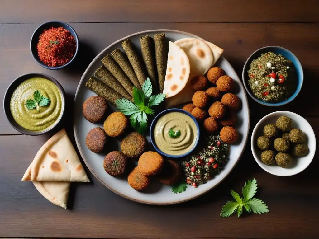 Un festín vegano medioriental menos conocido en una mesa rústica con falafel, hummus, tabbouleh y más, iluminado por luz natural