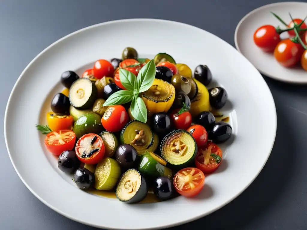 Un festín vegano mediterráneo con aceitunas: un plato colorido de verduras asadas, hierbas frescas y tomates cherry