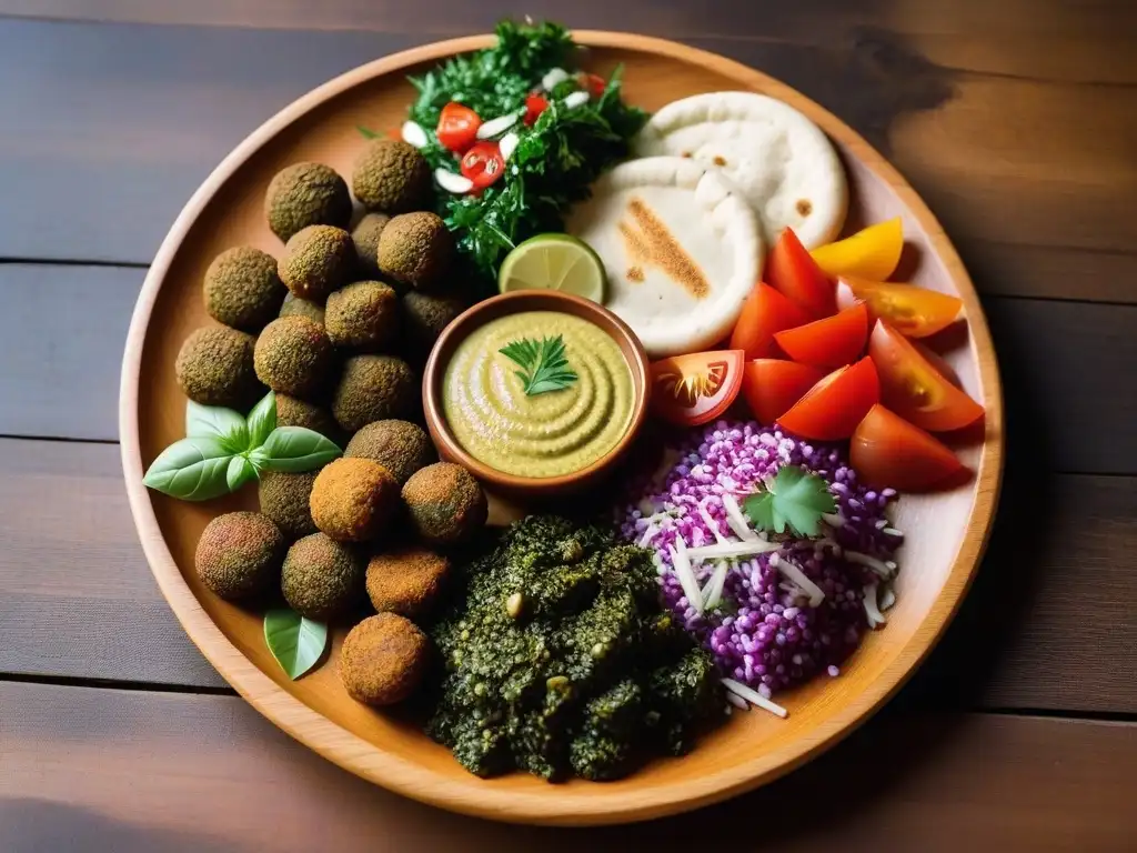 Festín vegano mediterráneo: colorido y delicioso Un festín vegano mediterráneo equilibrado con falafel, tabulé, hummus y hojas de parra, en mesa de madera rústica con decoración de Medio Oriente