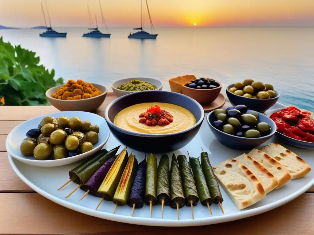 Una festín vegano mediterráneo frente al mar al atardecer