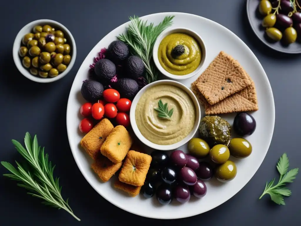 Un festín vegano mediterráneo con hummus, falafel, tabulé, hojas de parra, aceitunas y vegetales asados en un plato blanco