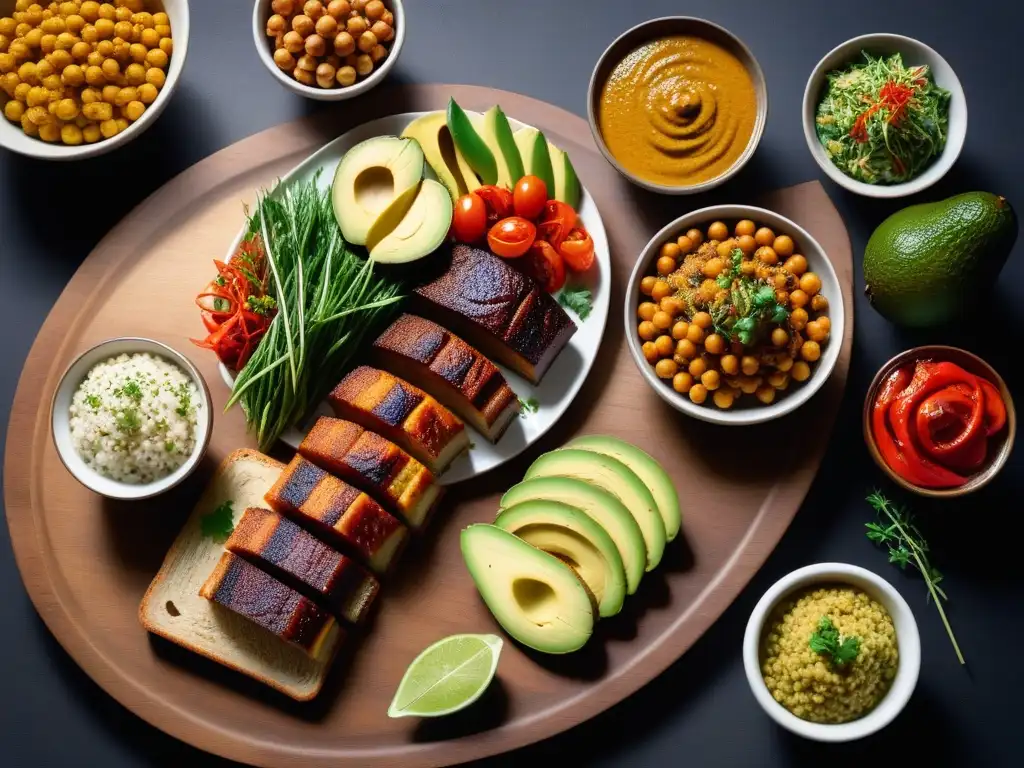 Un festín vegano en una mesa rústica: ensalada de quinoa, pinchos de verduras, curry de garbanzos y tostadas de aguacate