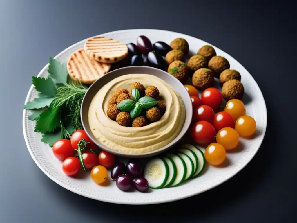 Un festín vegano de mezze mediterráneas coloridas y frescas en un plato moderno