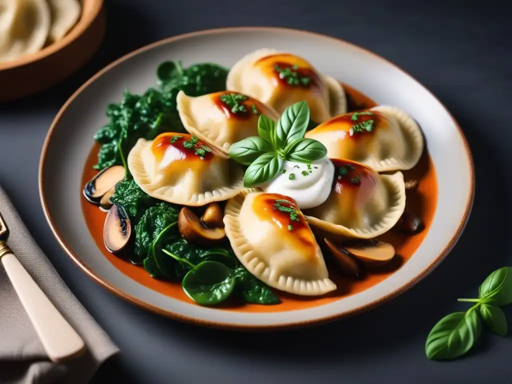 Un festín vegano moderno con alternativas veganas a platos tradicionales de pierogi llenos de color y sabor