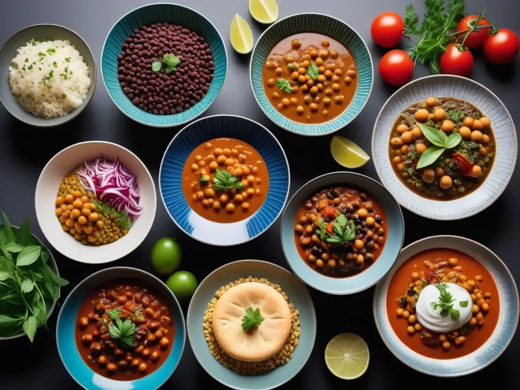 Un festín vegano multicultural en platos cerámicos, con recetas veganas con legumbres energizantes, en una cocina moderna y elegante