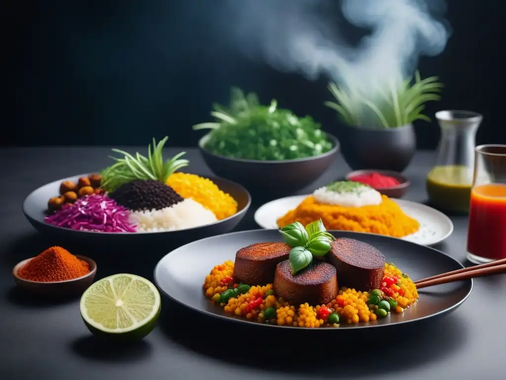 Un festín vegano multicultural: platos coloridos y creativos de todo el mundo en una mesa minimalista