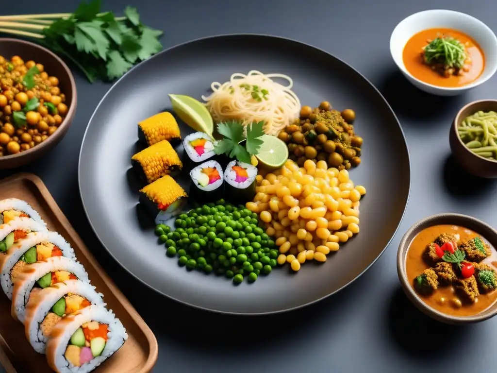 Delicias veganas del mundo: un festín multicultural en un plato moderno Un festín vegano mundial: sushi japonés, elote mexicano, pasta italiana, curry indio y injera etíope