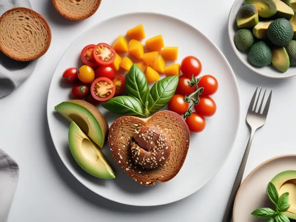 Un festín vegano para niños divertido y colorido en un plato blanco, con frutas, verduras, proteínas vegetales y granos enteros