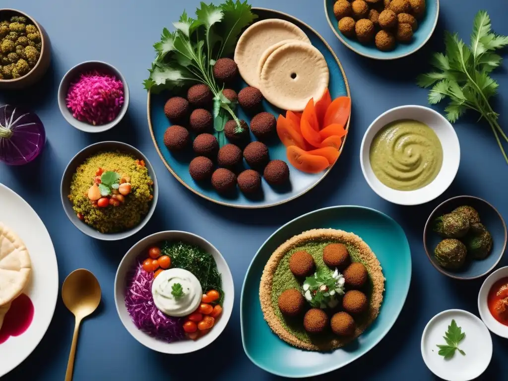 Un festín vegano en Medio Oriente: una mesa elegante con falafel, hummus, tabbouleh y más