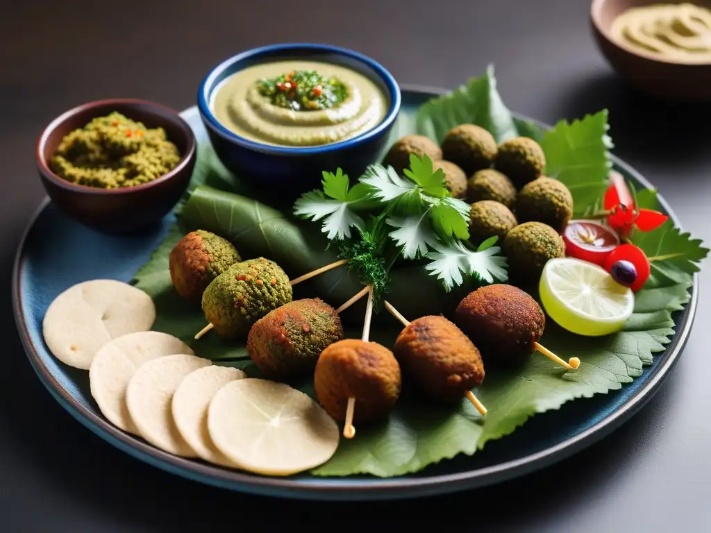 Un festín vegano de Medio Oriente en un plato moderno, con falafel crujiente, hummus cremoso y tabbouleh fresco