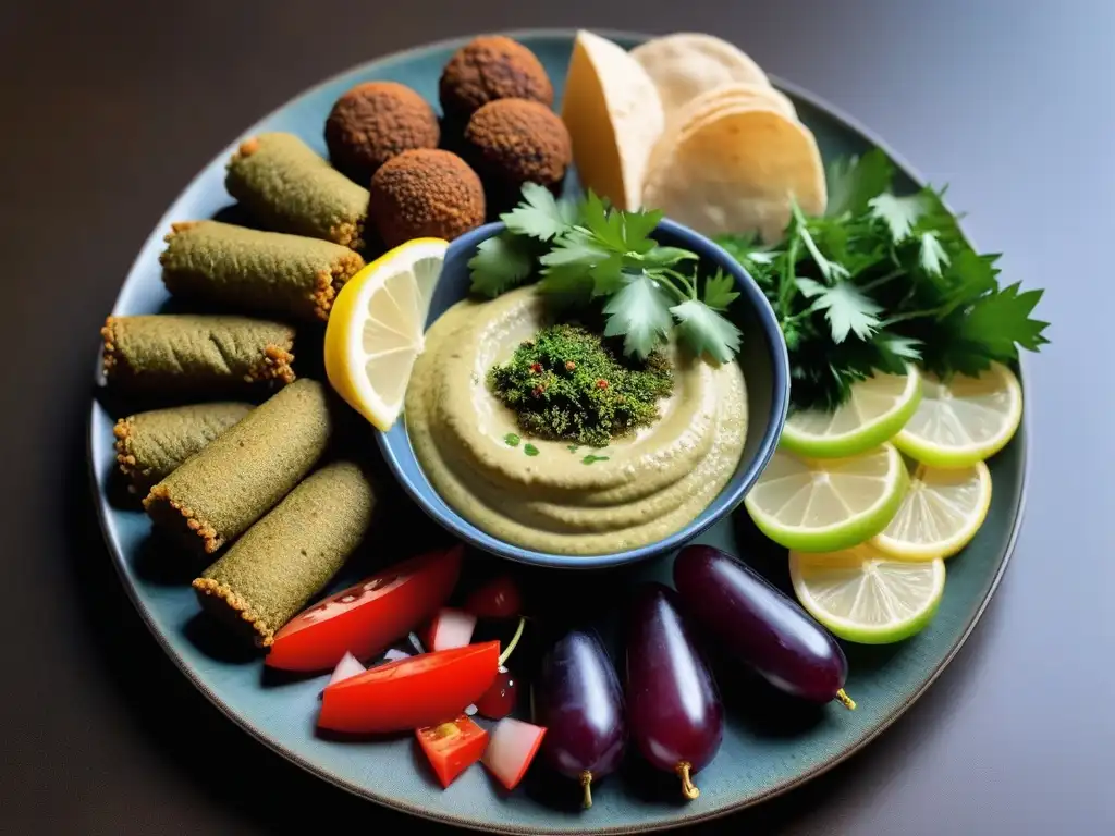 Un festín vegano medioriental rápido de falafel dorado, hummus con aceite de oliva, tabbouleh y hojas de parra, en un plato moderno