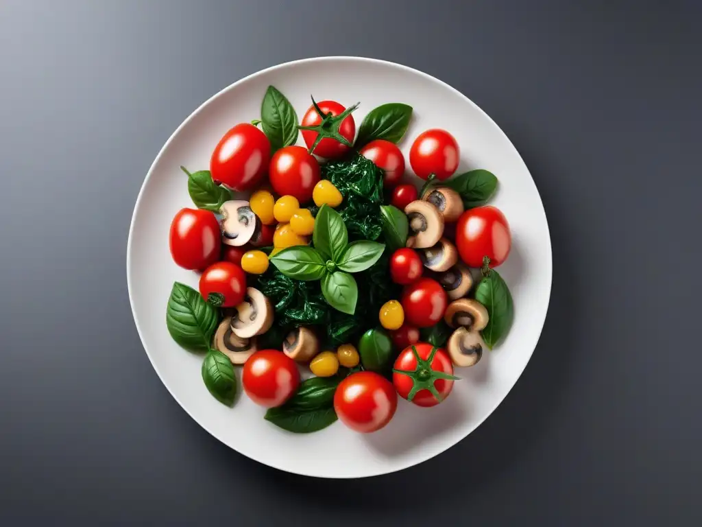 Un festín vegano: Receta tofu revuelto desayuno vegano con vegetales frescos y coloridos en plato blanco