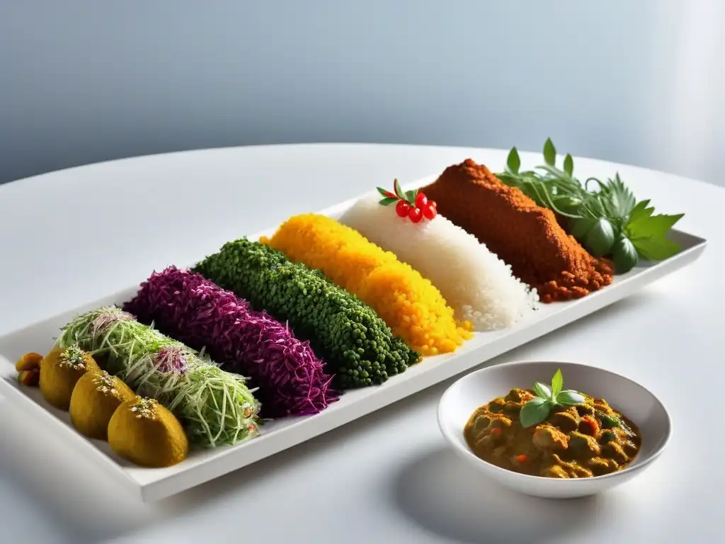 Un festín vegano de recetas indias en plato blanco minimalista, con colores vibrantes y aroma a especias frescas