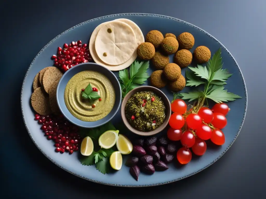 Un festín vegano de recetas tradicionales Medio Oriente: hummus, falafel, tabbouleh y más, en una presentación colorida y artística