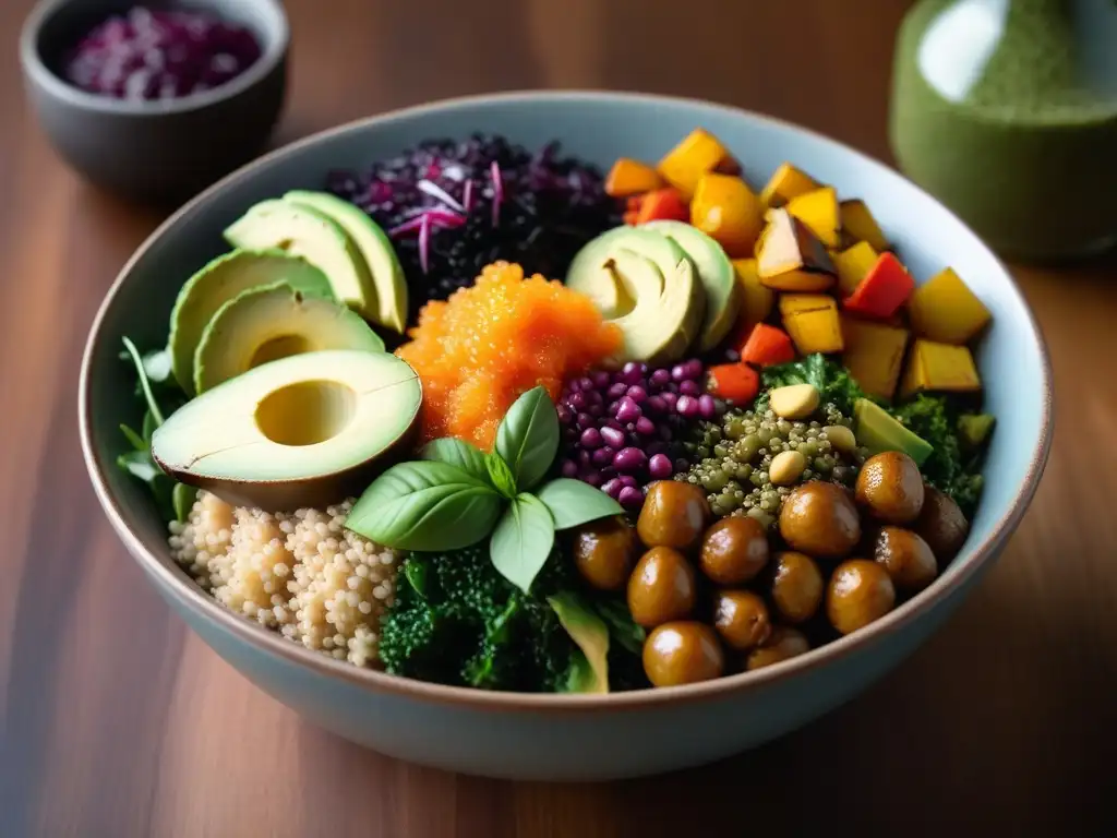 Un festín vegano con salsas veganas fermentadas umami realzando sabores en un bowl colorido y vibrante